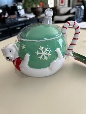 Sleigh Bell Mint Green Polar Bear Ornament with Candy Cane Handle mug w lid